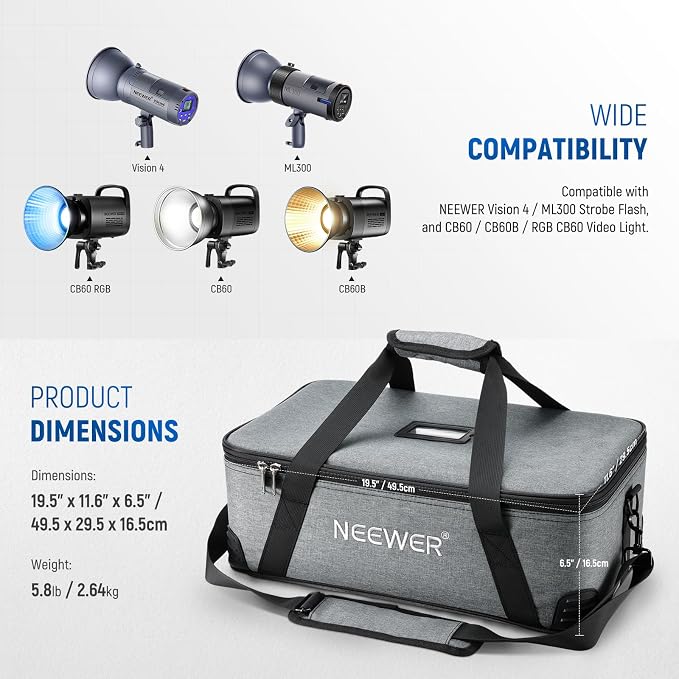 NEEWER Carrying Bag with Movable Foam Padded for Studio Light Q300 Vision 4 ML300 CB60B RGB CB60 MS60B MS60C MS150B, Durable Oxford Cloth Transit Bag Travel Case with Shoulder Strap & Handle, PB5