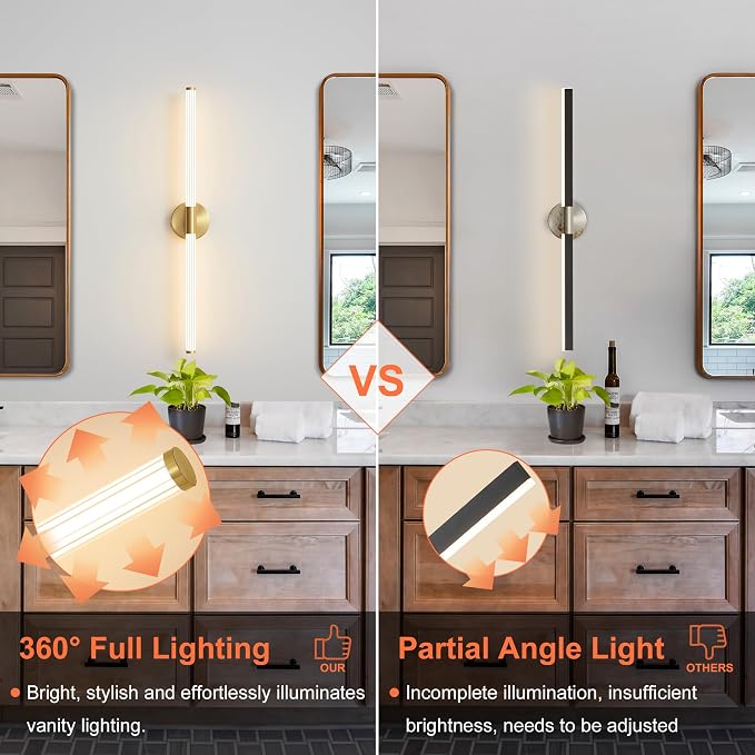 Glod Wall Sconces Set of Two Hardwired LED Vanity Light 31" | Dimmable 5CCT LED Bathroom Light Fixtures, 360° Full Lighting, Modern Vanity Light Bar for Bathroom Mirror