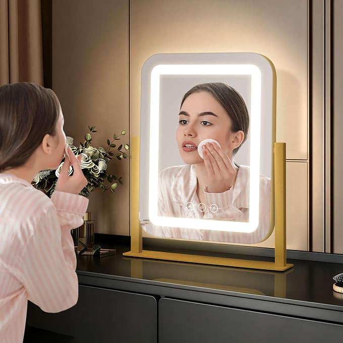 12"×13.9" Vanity Mirror with Lights, LED Makeup Mirror | Smart Touch, 3 Dimmable Colors, Memory Function, 10X Magnifying, for Desk, Bedroom, Dorm, Vanity