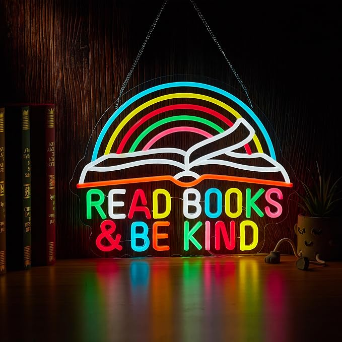 Read Books Neon Sign Read Books and Be Kind Neon Signs for Wall Décor Dimmable Colorful Rainbow Light Classroom Reading Room Bookstore Bookish Decor Compatible with Timer