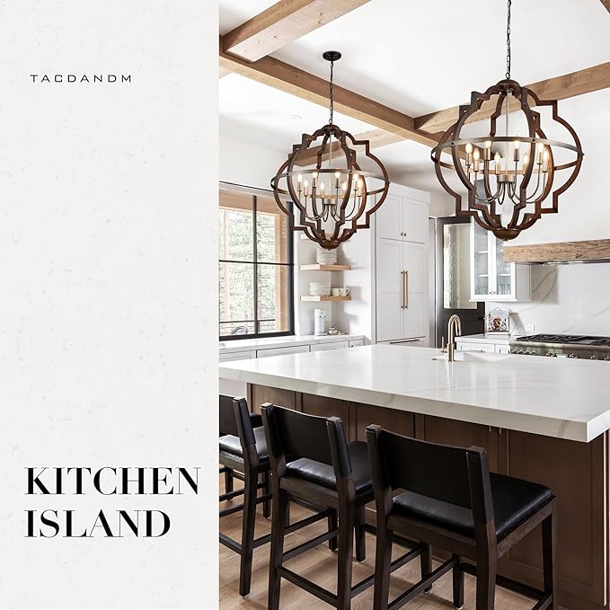 31.5'' 8-Light Farmhouse Chandelier for Dining Room Vintage Rustic Oak Brown Wood Pendant Light Fixtures Globe Hanging Ceiling Lighting for Hallway Entry