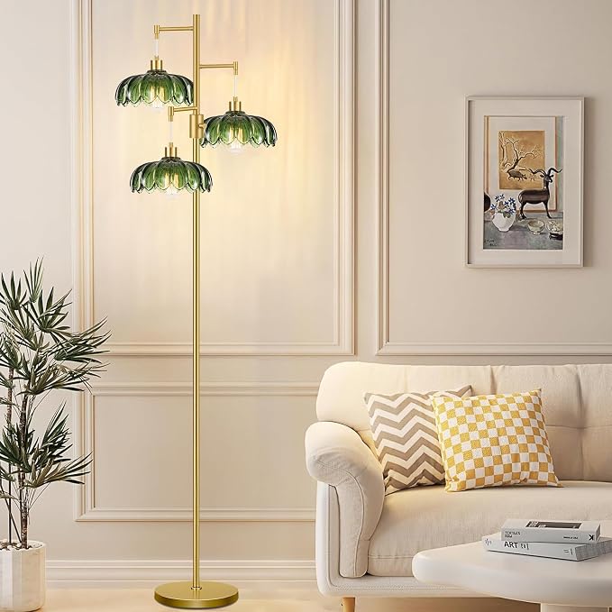 Dimmable Floor Lamps for Living Room Bedroom-3 Light Gold Floor Lamp with Glass Lampshape, Flower Tall Lamp Mid Century Modern Standing Lamp Glass Tree Floor Lamps for Living Room Bedroom,Corner