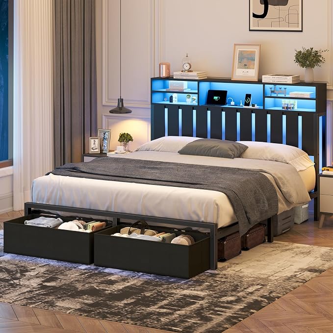 Full Size Bed Frame with Headboard and Charging Station,2 Storage Drawers | Wood Headboard with LED Lights & 2-Tier Storage Shelves, Full Platform Bed with Under Bed Storage, No Box Spring Needed