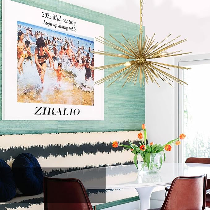 31in Modern Gold Sputnik Chandelier 4-Light Mid-Century Starburst Chandelier Light Fixture Over Table Large Satellite Chandeliers for Dining Room Foyer Entryway Kitchen Bedroom Living Room E12
