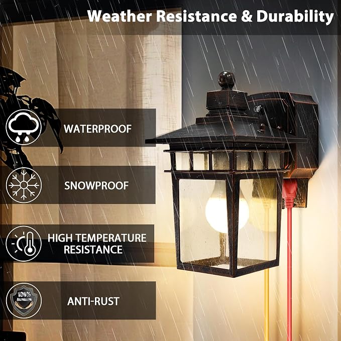 2 Pack Outdoor Light with GFCI Outlet,Antique Black and Bronze Gold Dusk to Dawn Porch Lights Outdoor Wall Light Fixture with Outlet,Aluminum Exterior Lighting Fixtures,Outside Lights for House