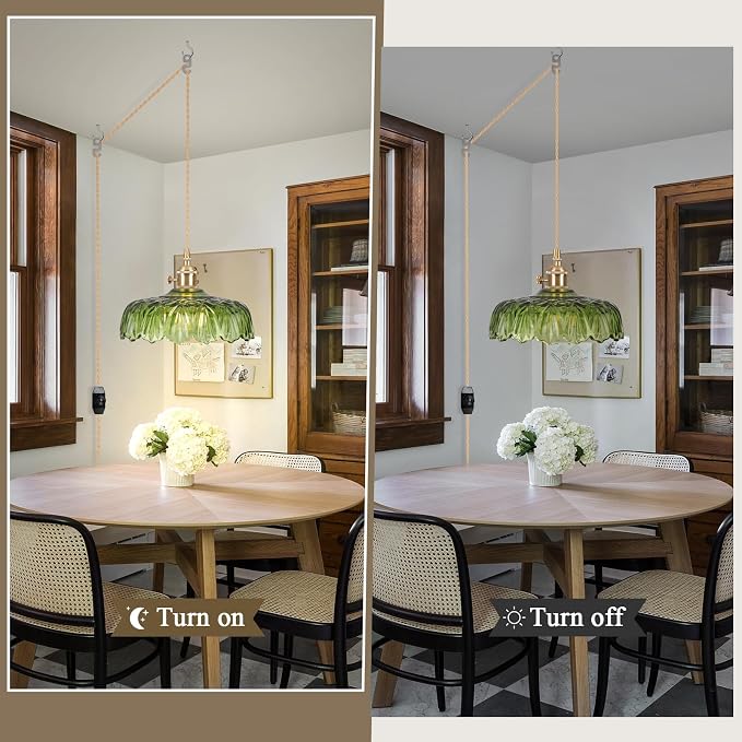 Plug in Pendant Light Fixtures,Green Glass Lampshade Pendant Lighting 9.4in E26 Hanging Light Fixture for Kitchen Island, Bedroom, Dining Room, Living Room