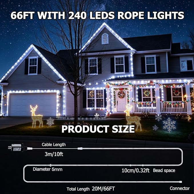 66FT Rope Lights, 240 LED Outdoor String Lights, Tube Lights with UL-Certified Plug, IP65 Waterproof 8 Modes Connectable Indoor Outdoor String Lights for Garden Patio Wedding Decor (White)