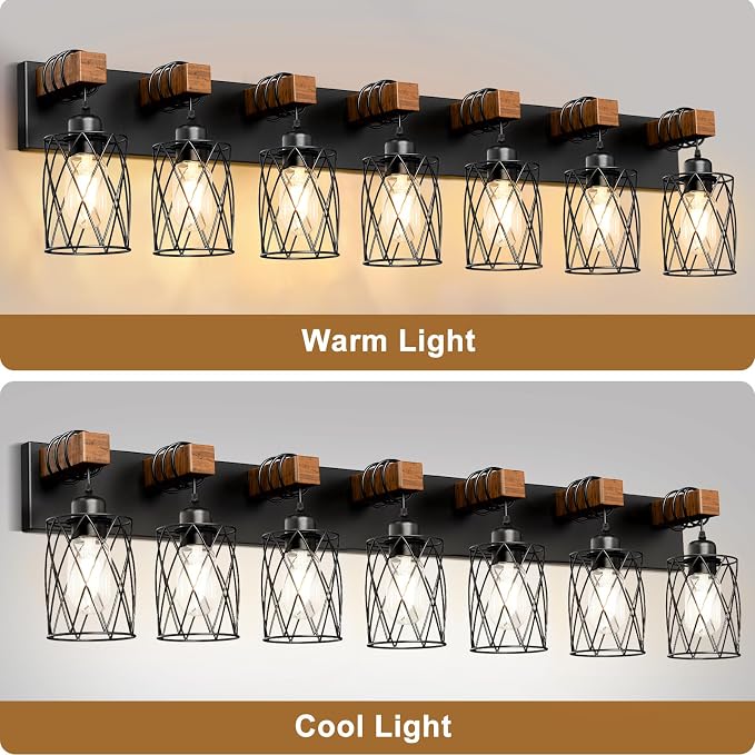 IZORRO Farmhouse Bathroom Vanity Light, 7-Light Wood Bathroom Light Fixtures Over Mirror, Black Industrial Vanity Lights with Metal Shade, Rustic Restroom Lighting Fixtures