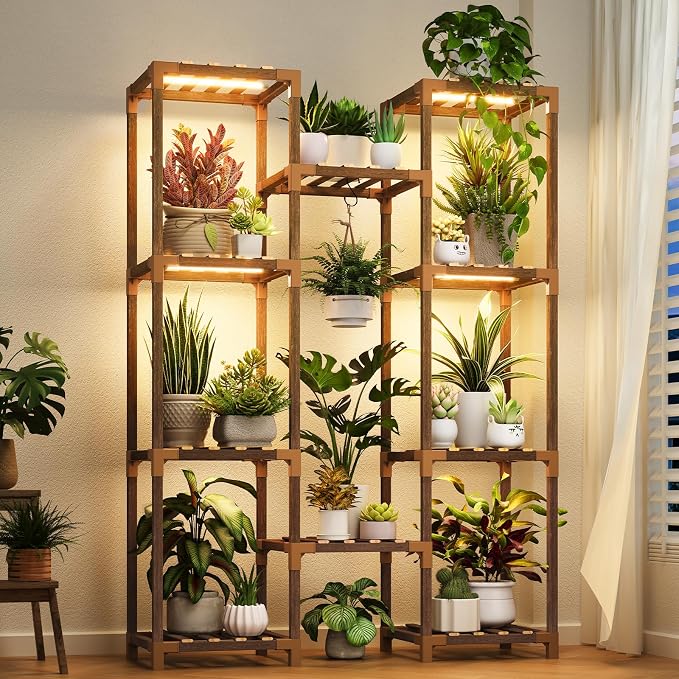 Plant Stand with Grow Light - Large Plant Stand Indoor for Multiple Pots, 10 Tiered Plant Shelf Wood Plants Holder Rack for Living Room, Patio, Garden, Corner, Home Decor