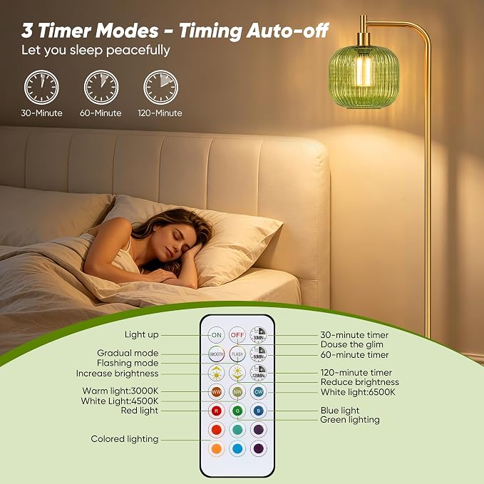 Cordless Floor Lamp for Living Room, 5400mAh Battery Operated Standing Lamp | Rechargeable Bulb Included, Stepless Dimmable, RGB Mode, Brushed Gold, Remote Control, Large Ribbed Glass Lampshade,Timer