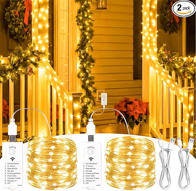 ZSJWL Rechargeable Fairy Lights with DIY Timer & 8 Modes, 2 Pack 16FT 50LED String Lights Battery Operated Indoor, Twinkle mini Lights for Bedroom Christmas Wedding Centerpiece Decor (Warm White)