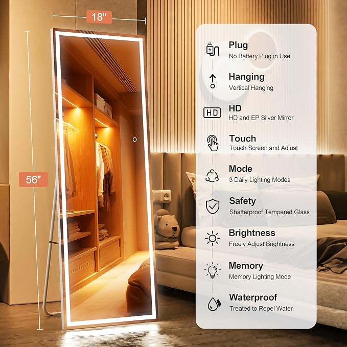 Full Length Mirror with Lights, 56" x 18" LED Lighted Floor Standing Body Mirror, Dimmable & 3 Color Lighting for Bedroom, Cloakroom, Dressing Room, Tempered Glass, Square White