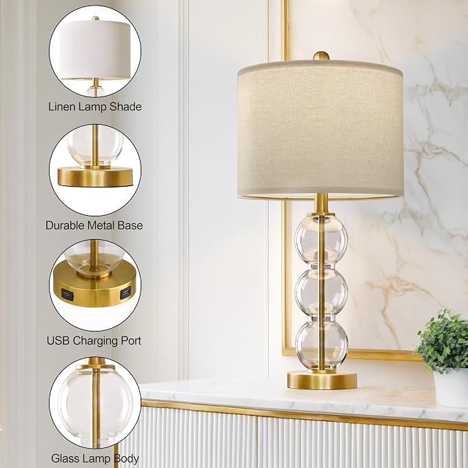 25" Glass Table Lamps Set of 2, Gold Modern Table Lamps with USB Ports for Living Room, Linen Shade Bedside Lamps for Bedroom, Nightstand, Side Table (Bulbs not Included)