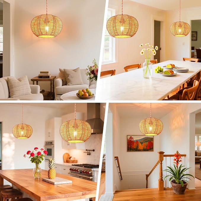 Hanging Light Fixture with Plug in Cord with on Off Switch, Rattan Pendant Lights Boho Lamp Ceiling Light, Plug in Pendant Light Hanging Lamp Shades for Living Room Decor Bedroom Kitchen