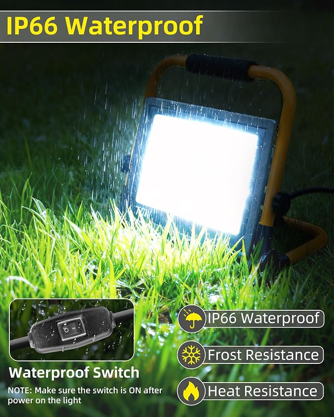 8400LM LED Work Light with 16FT Cord & Switch, IP66 for Garage Workshop | 70W Flood Light Outdoor, Portable Job Site Lighting with Stand, 5000K Daylight Worklight for Construction Car Repairing
