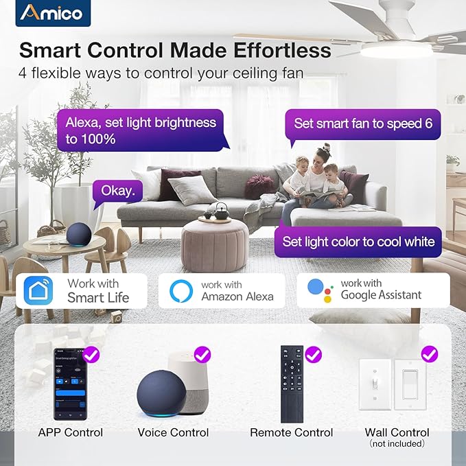 Amico Ceiling Fans with Lights, 52'' Smart RGB Ceiling Fan with Remote/APP/Alexa Control, Flush Mount, Reversible DC Motor, 5 Blades, 6 Speeds, 3CCT, Dimmable, Noiseless, Bedroom, Living Room, White