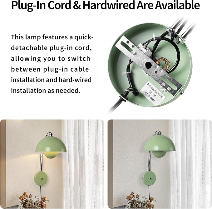 Mid-Century Modern Bud Plug in Wall Sconces for Bedroom, Pastel Green | Indirect lighting reading wall lamp, all-metal construction, plug-in or hardwired install, fits bedroom bedside, living room