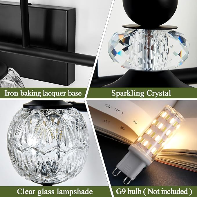 Piepooye Vintage Bathroom Light Fixtures Black Vanity Light with Glass Globe LampShade 4 Lights Mid Century G9 Bulb Wall Sconce Indoor Vanity Light Over Mirror for Kitchen Bedroom Farmhouse