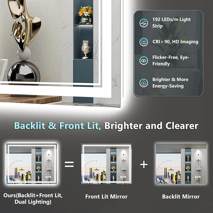 36x36 LED Bathroom Mirror, Backlit & Front Lit Lighted Mirror | Anti-Fog Vanity Mirror with Lights, 3 Color Dimmable, Memory, HD Tempered Glass, CRI95, IP54, UL Listed, Horizontal/Vertical