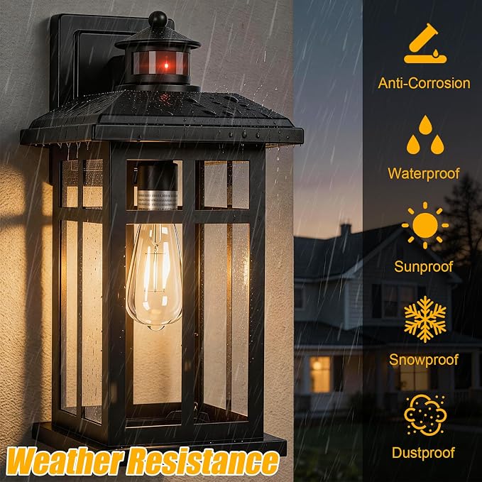 Brilvibera 16" Black Motion Sensor Wall Sconce Light for House | Black Outdoor Sconce for Front Door Waterproof Modern Coach Light for Garage & Porch Security