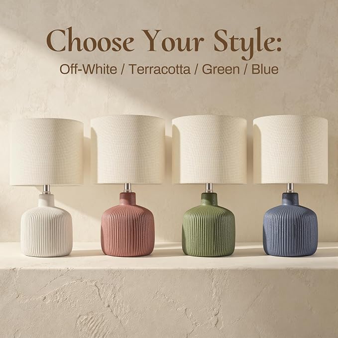 Ceramic Table Lamp, 17.75" Nautical Bedside Lamp with Beige Linen Shade, Warm Ambient Nightstand Lighting for Beach House, Navy Blue