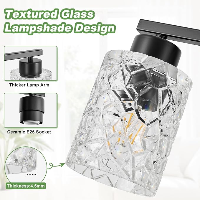 4-Light Bathroom Light Fixtures, Black Vanity Lights Over Mirror | Wall Sconces with Clear Textured Glass Shades for Living Room Bedroom Hallway,E26 Base (Bulbs Not Included)