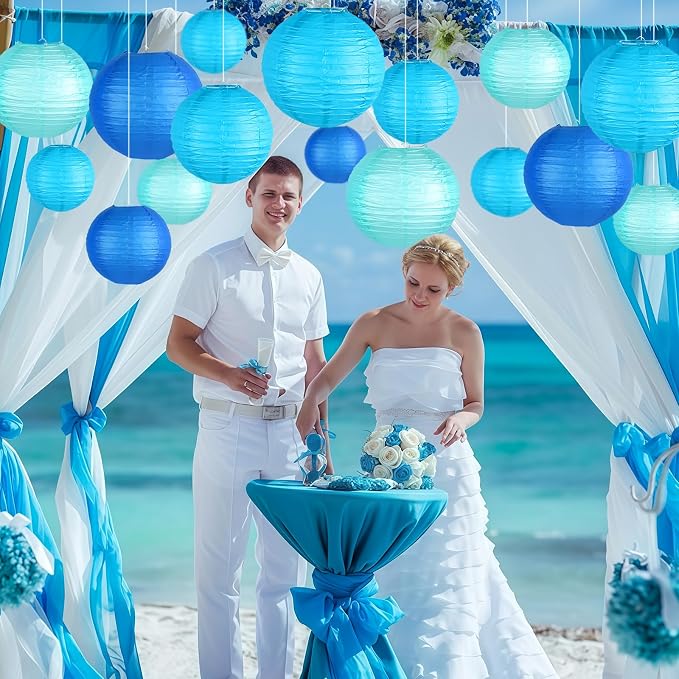 15-Pack Blue Paper Lanterns, Hanging Party Decorations | Dark-to-Light Gradient Shades in 6, 8 & 10 Inch Sizes for Boy Baby Showers, Graduations, Men's Birthdays, Ocean Themes