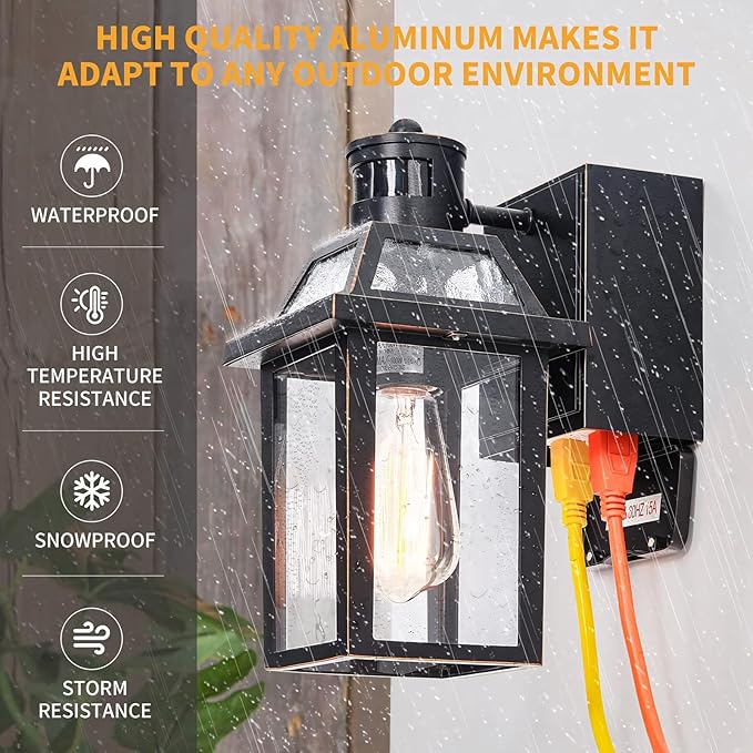 Yisuro Porch Lights with GFCI Outlet, Dusk to Dawn Motion Sensor Outdoor Light, 3 Lighting Modes Exterior Fixture, Outside for House Front Door Patio Garage(2 Pack Black)