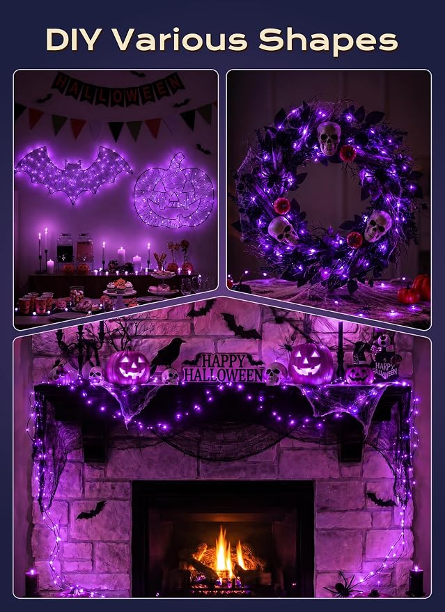 Halloween Fairy Lights Plug in, 33Ft 100LEDs Purple Fairy Lights, Waterproof Flexible Black Wire String Lights for Bedroom Home Party Ghost Haunted House Indoor Outdoor Halloween Decorations, Purple