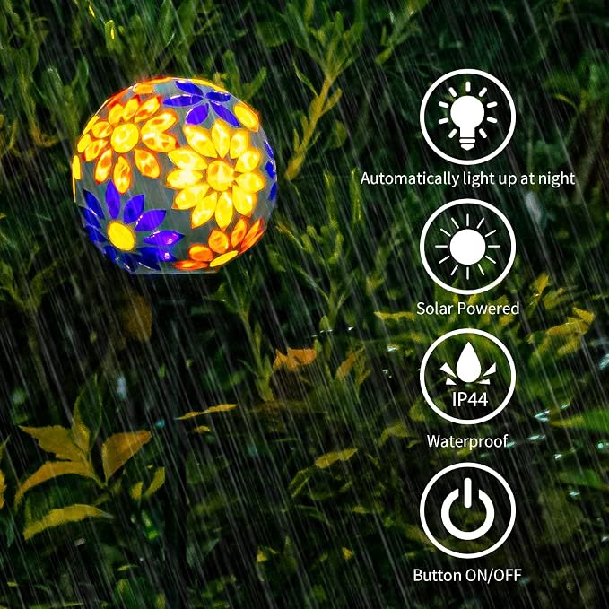 VCUTEKA Decorative Solar Garden Lights, 3.5" Mosaic Globe Outdoor Stake | Mosaic Glass Globe Design, Solar LED Light, Waterproof Design, Auto On/Off and Metal Stake Design for Lawn and Patio