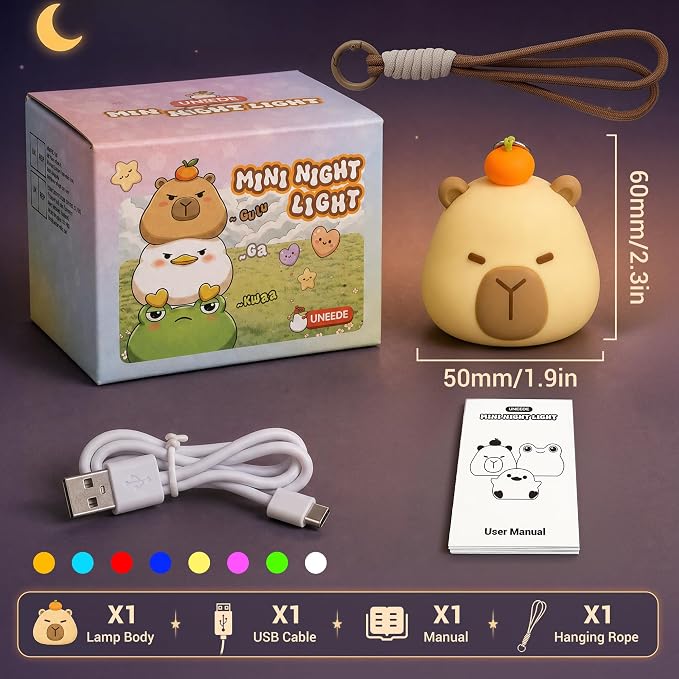 UNEEDE Mini Capybara Night Light with Lanyard, 8 Color Changing Rechargeabl | Portable Mini Kids Night Light , Soft Silicone Cute Lamp for Bedroom & Camping, Capybara Gifts