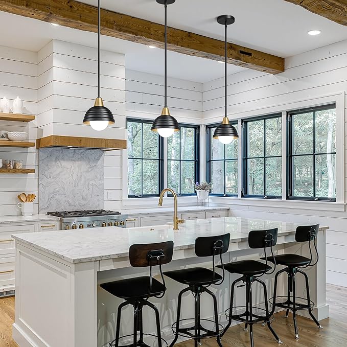 Industrial Kitchen Pendant Light Fixtures: 3 Pack 6 Inch Metal Modern Chandelier - Adjustable Farmhouse Black & Gold Pendant Lighting for Kitchen Island Hallway