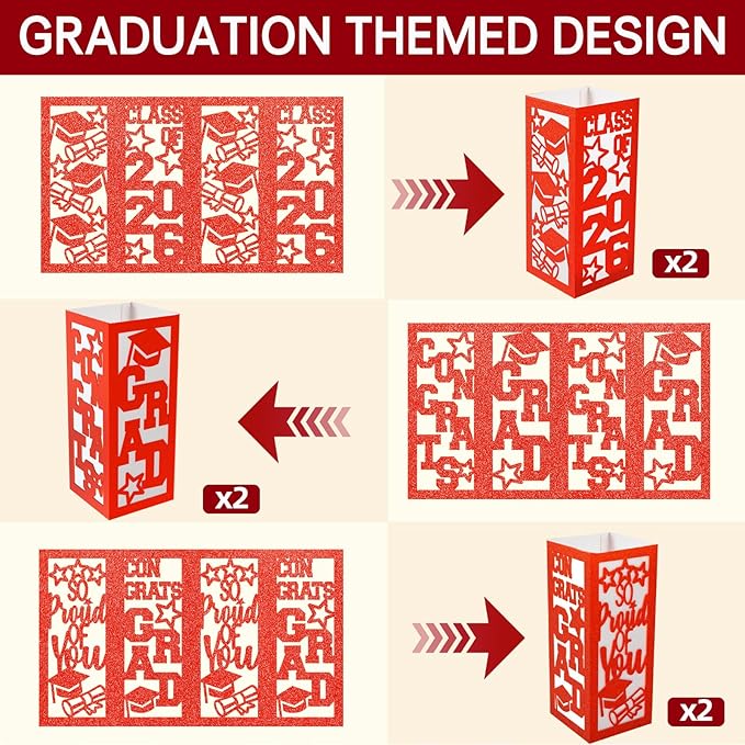 6 Pcs Graduation Table Centerpieces Boxes Class of 2026, Red Graduation Paper Lanterns Boxes with String Lights Hollow Out for Congrats Grad School College Table Decorations Grad Party Photo Props