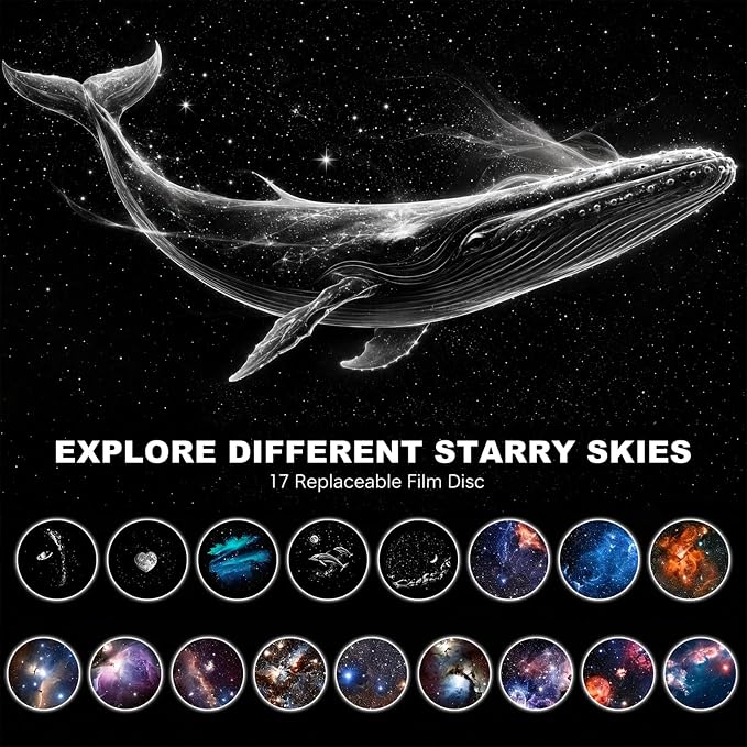 Plug and Play Star Projector Night Light, 2-in-1 Galaxy Projector Night Light, 360° Flexible Neck, Interchangeable Theme Discs, Portable Galaxy Lamp for Bedroom, Party, Home Theater(17 Slides)