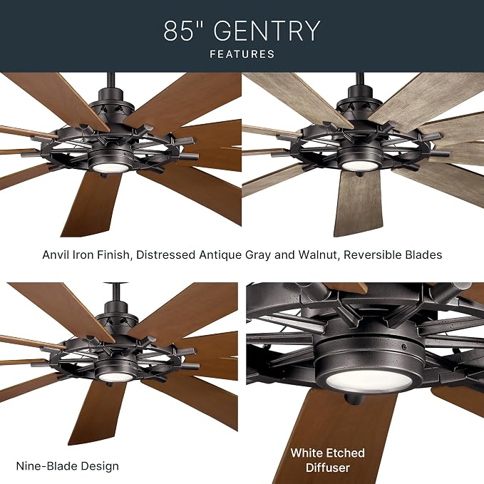 Kichler Gentry 85" Ceiling Fan with LED Light, Anvil Iron | Large DC motor fan with 9 blades and dimmable LED light for expansive indoor rooms, 300285AVI
