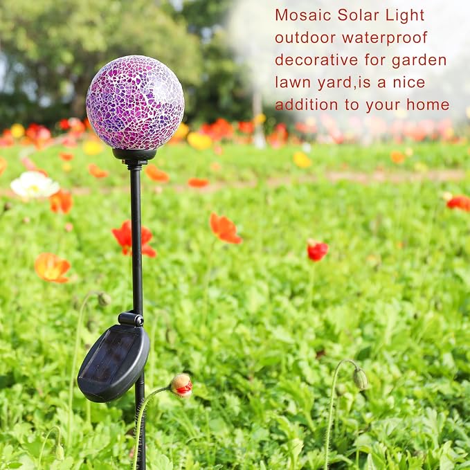 VCUTEKA Decorative Solar Garden Lights, 3.5" Mosaic Globe Outdoor Stake | Mosaic Glass Globe Design, Solar LED Light, Waterproof Design, Auto On/Off and Metal Stake Design for Lawn and Patio