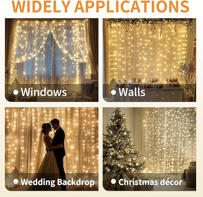 2 Pack Fairy Curtain Lights, 200 LED Upgraded Tangle-Free Hanging Lights with Remote, USB Plug in String Lights for Wall Window Wedding Party Xmas Home Décor - 6.6 x 6.6 Ft, Warm White