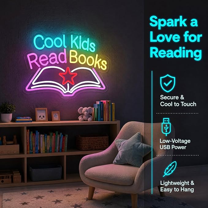 Cool Kids Read Books Neon Sign - Classroom Reading Corner Decor | 15.7"x11.8" Book-Shaped Light with Dimmer, 6.5ft USB Powered, Hanging Chain Included, Night Reading Lamp