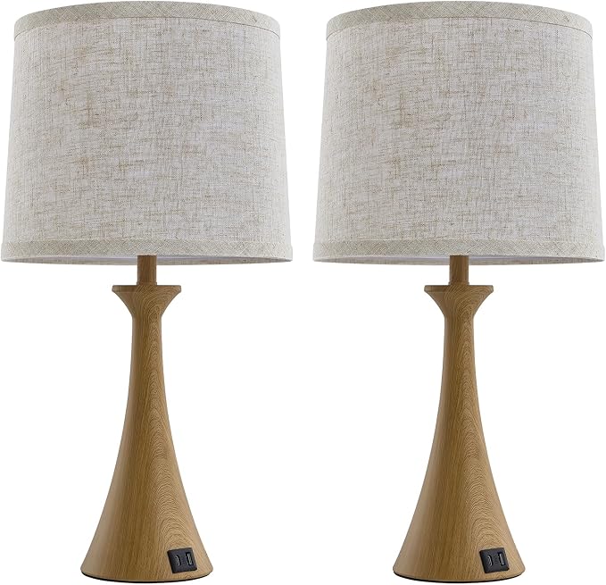 Touch Lamp for Living Room Bedroom, 21" Table Lamps Set of 2 with USB C+A Ports and Oatmeal Lamp Shades, Touch Bedside Lamps for Nightstand with 3 Way Dimmable, 2 LED Bulbs Included, Wood Grain