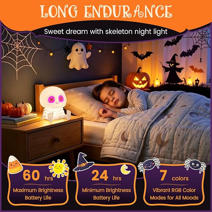 YR YRHH-PET Skeleton Lamp, Skull Halloween Decor Gift, Kids Night Light Toy | 8 Colors, Safe Silicone, Cool Cute Dimmable Indoor Decor, Squishy Lamp For Office Nursery College, Women Summerween Home Gift
