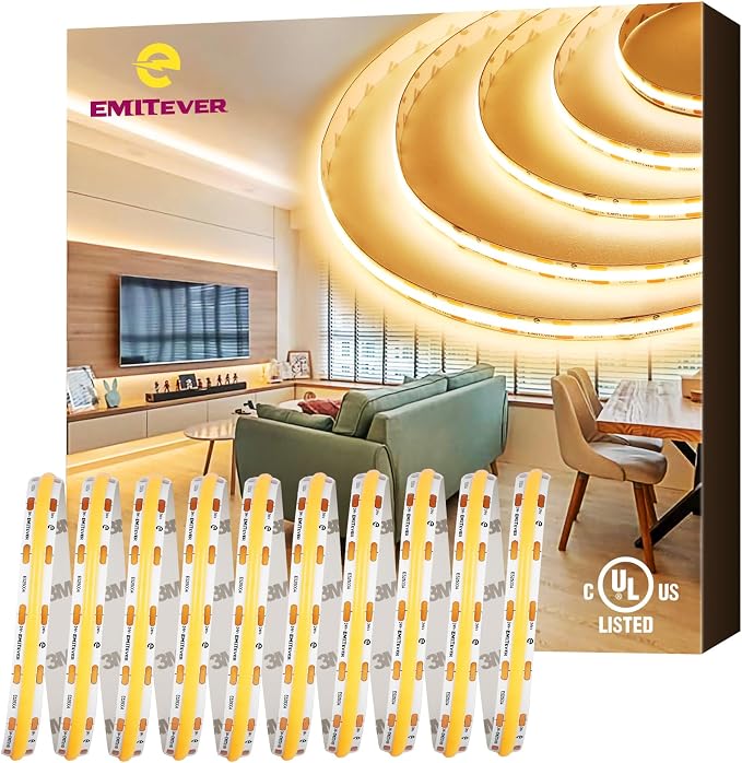 EMITEVER COB LED Strip Lights Warm White 3000K,UL 24V,16.4ft 2400LEDs | Ra 90+,IP30,3W/ft,305+Lumens/ft,5 Year Warranty(Power Supply Sold Separately)for bedroom,living room,kitchen