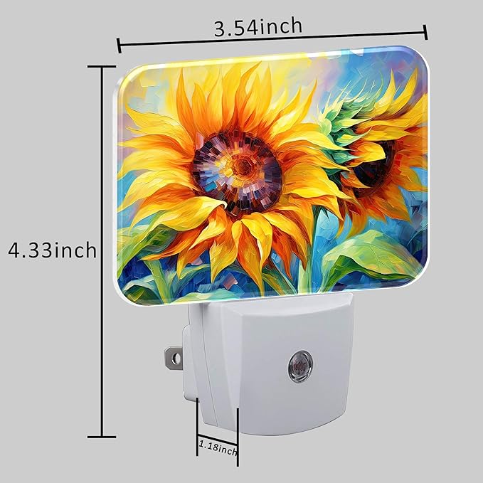 Sunflower Modern Art Painting Plug in Night Lights, Sunflower Nightlight Plug Into Wall Dusk to Dawn Sensor for Kid Girls Boys Women Men Bedroom, Hallway, Kitchen, Bathroom, Stairs Decor