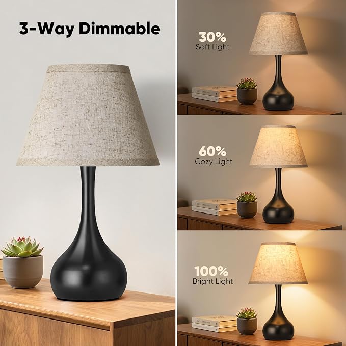 Touch Table Lamp for Bedroom 1Pack, 3-Way Dimmable Bedside Lamp for Nightstand, Farmhouse Metal Desk Lamp with Linen Shade for Living Room, Kids Reading, Dorm, Home Office Decor, Bulb Included
