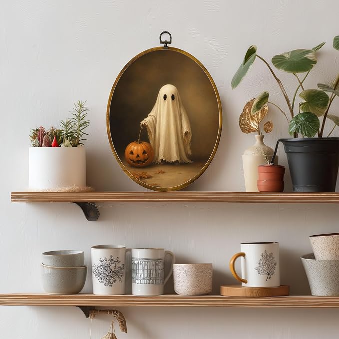 Ghost Pumpkin Oval Wall Art, Framed Canvas Decor, 8.5x11.5 Inch | Classic white ghost with jack o lantern pumpkin, rustic vintage Halloween decor