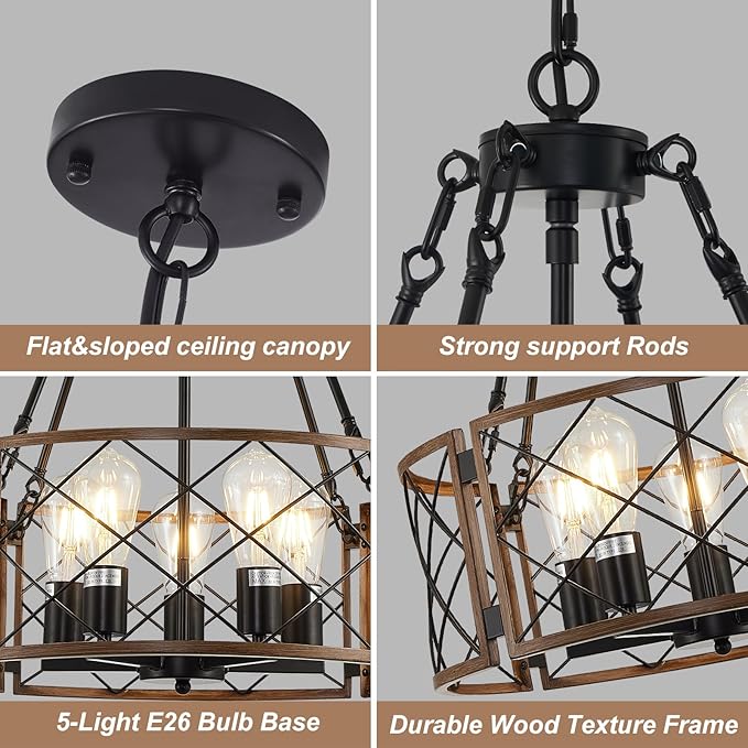 21'' Farmhouse Chandelier, 5-Light Black & Wood Grain Dining Room Light Fixture Over Table, Rustic Industrial Drum Hanging Pendant Lights Fixture for Kitchen Island Bedroom Hallway Foyer Entryway