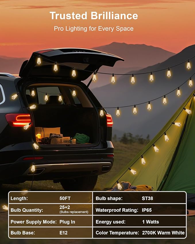 Patio String Lights 50FT LED, IP65 Waterproof ST38 Connectable Dimmable | Shatterproof PET, 27 Bulbs, Energy-Saving LED, for Garden, Backyard, Porch, Deck, Party, Cafe Decor