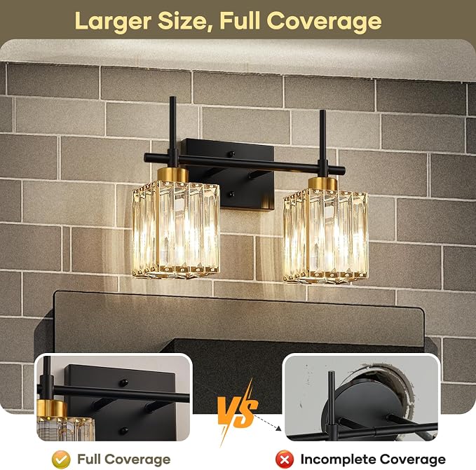 Torondo Modern Crystal Bathroom Vanity Light 2-Lights Gold Bathroom Light Fixtures Over Mirror Black and Gold Vanity Lighting Fixtures Gold Square Shade Brass Wall Sconce (Bulbs Not Include)