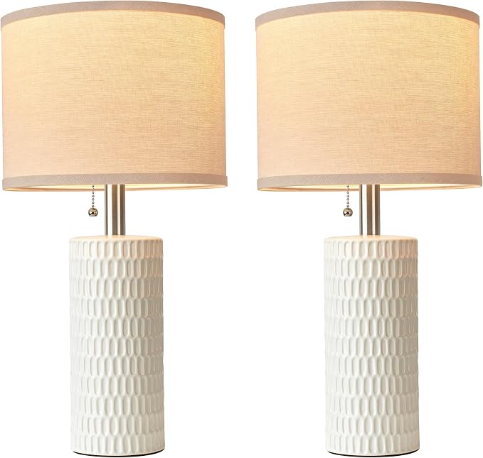 Reaketon 20.5" Modern Ceramic Table Lamps for Bedroom Set of 2, Bedside Lamps for Night Stands with Beige Lampshade, Farmhouse Table Lamp for Living Room Office Dorm, White