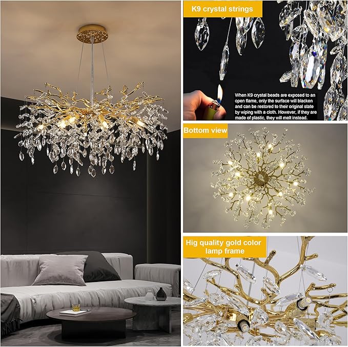 Crystal Tree Branches Chandeliers Luxury Round Gold Hanging Pendant Light 10 Lights for Dining Room Bedroom Living Room Entryway 30.5"