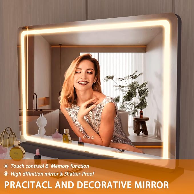 Hasipu Vanity Mirror with Lights, 31.5" x 22.4" LED Makeup Mirror, Lighted Makeup Mirror with Dimmable 3 Modes